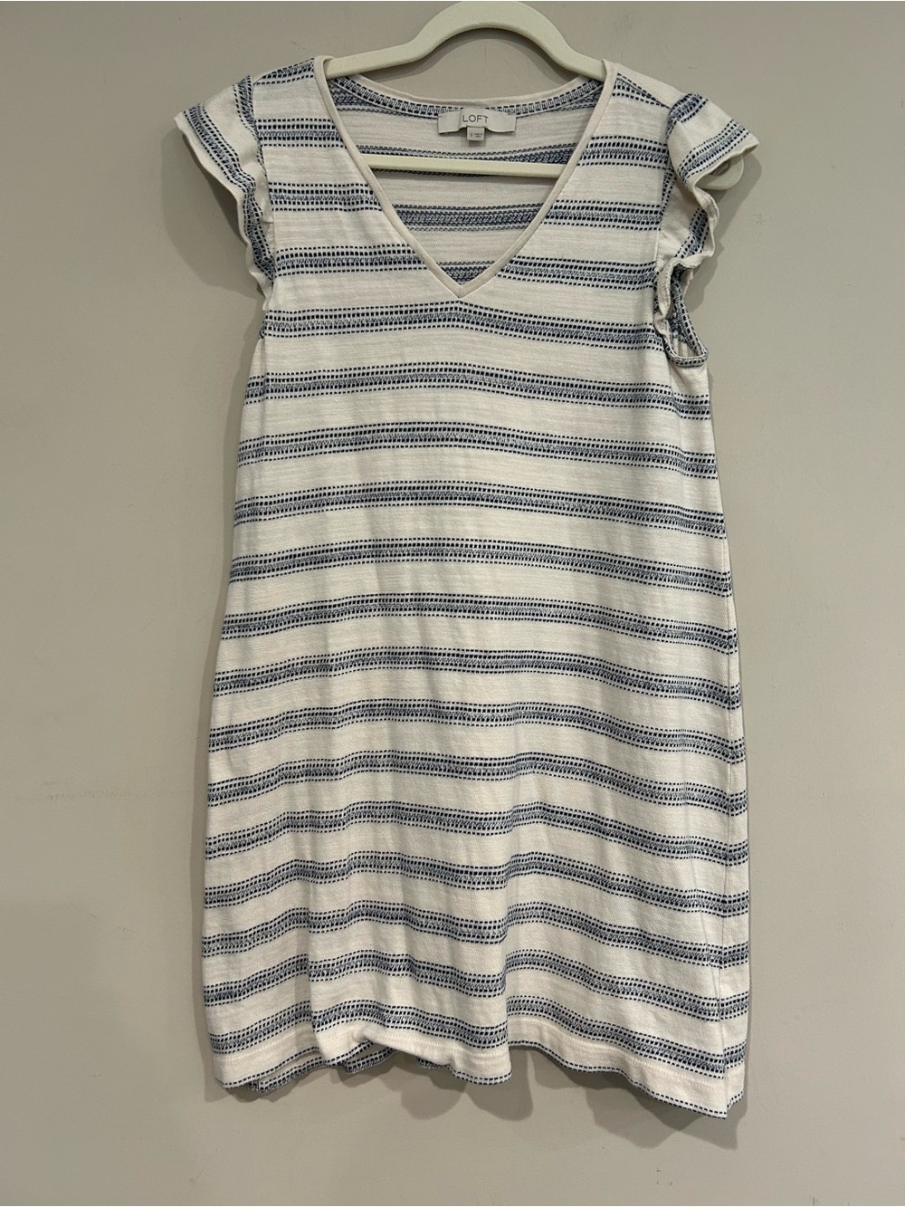 LOFT White and Navy Striped V-Neck Cap Sleeve Dress